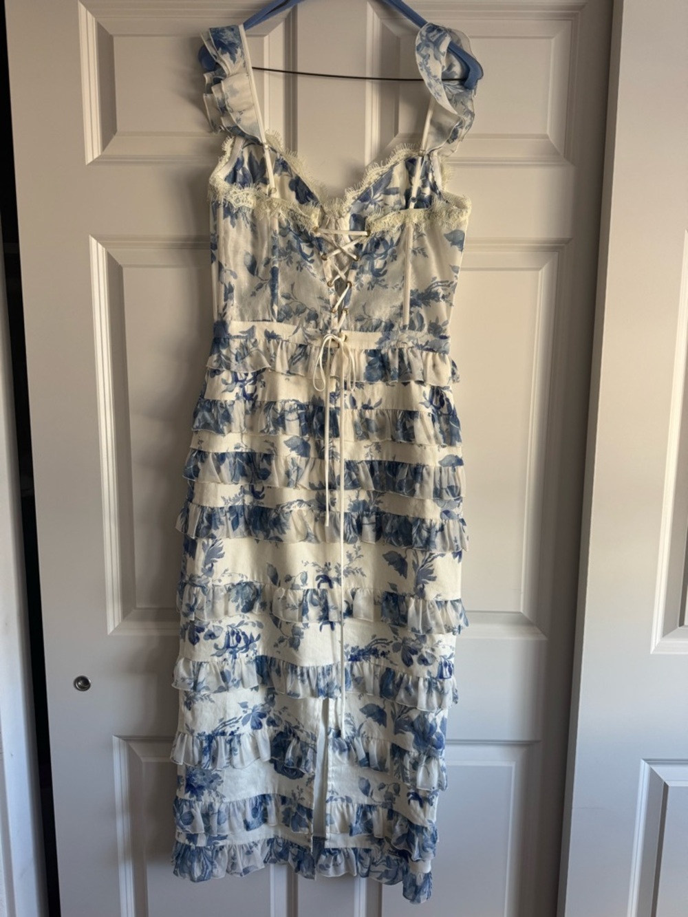 V. Chapman White and Provencal Blue Floral Ruffle Midi Dress - Picture 4 of 6